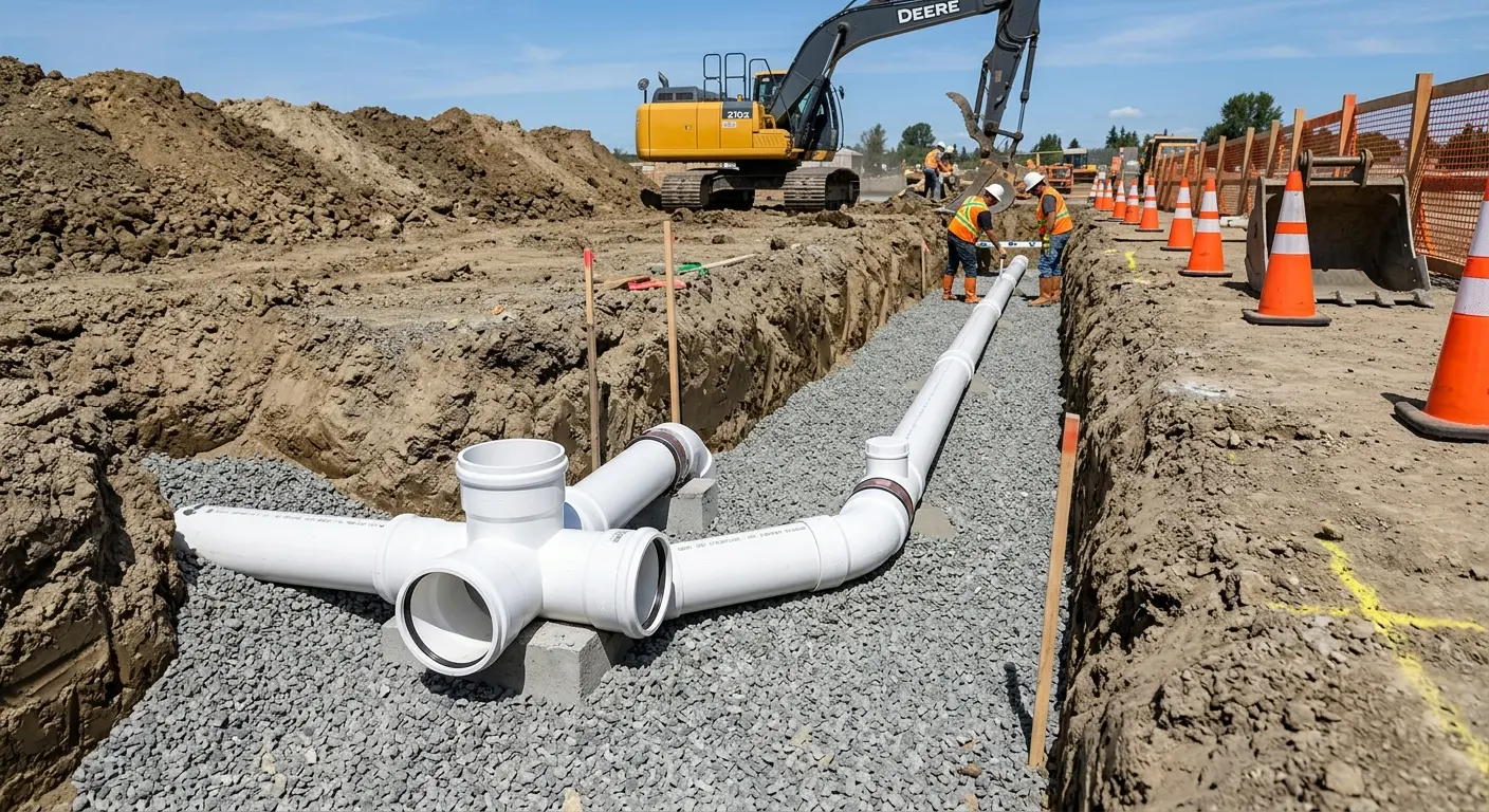 New PVC sewer pipe installation in open trench for Commercial Drain Cleaning in Hernando